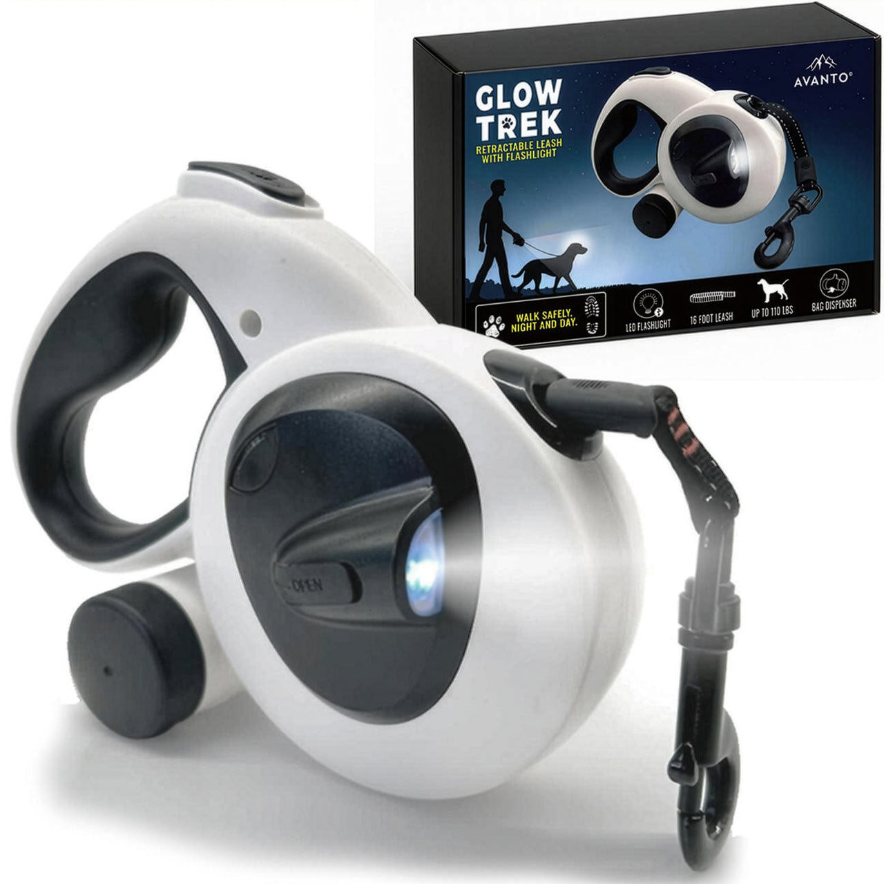 AVANTO Retractable Dog Leash with Flashlight – 16ft Heavy Duty LED Night Safety Leash